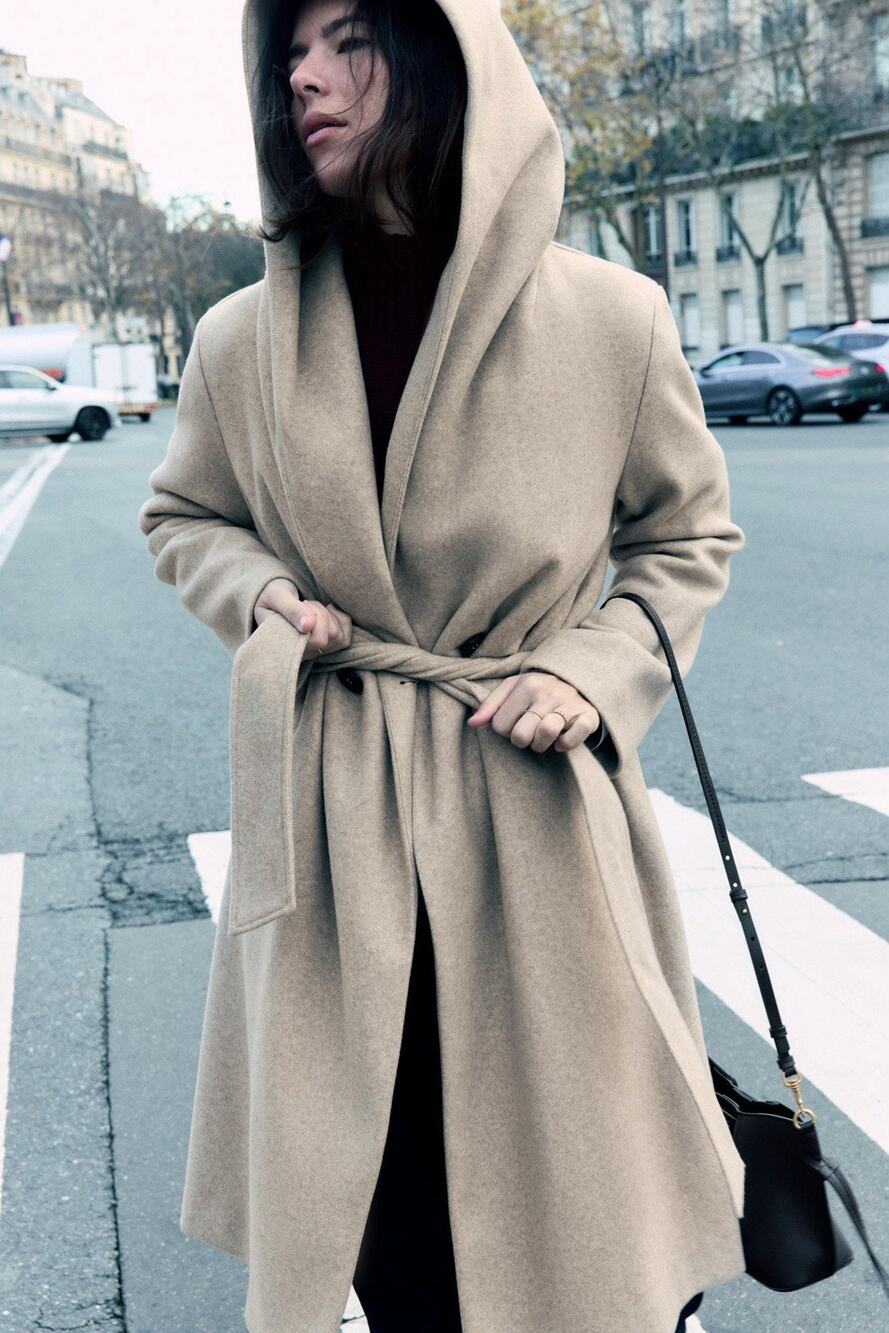 ZARA Soft Hooded Belted Coat Oatmeal Blogger Favorite Size M